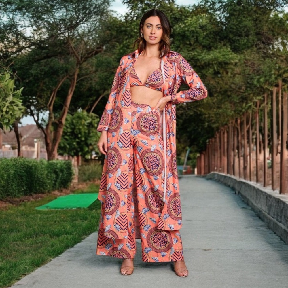 Butterfly Crop Top Kimono Pantsuit Multi Print 3 PC Set